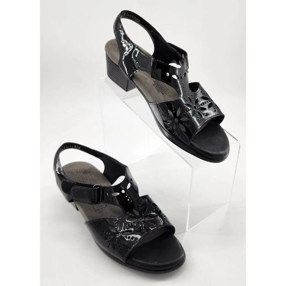 SAS Womens Sunburst Slingback Strap Heel Comfort Sandal Black Patent Leather 7.5